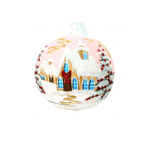 Vánoční koule, 18cm, růžová, s vánočním dekorem  www.sklenenevyrobky.cz