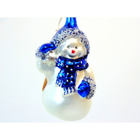 Vianočná ozdoba Snehuliak so zvončekom modrý