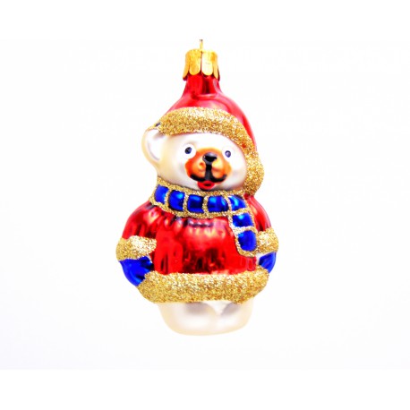 Christmas decoration teddy bear, with blue shawl www.sklenenevyrobky.cz