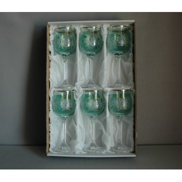 Wine glass, 6 pcs, flower decor, in green color  www.sklenenevyrobky.cz
