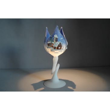 Candlestick, tulip on leg, blue silver www.sklenenevyrobky.cz