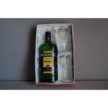 Becherovka gift package 0.35l and two clear glasses www.sklenenevyrobky.cz