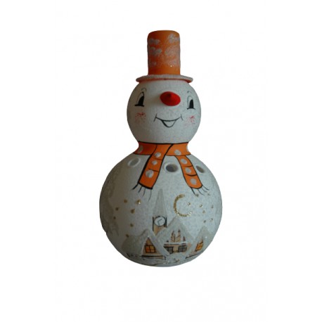 Vianočné dekorácie - snehuliak na sviečku, v oranžovom dekore www.sklenenevyrobky.cz