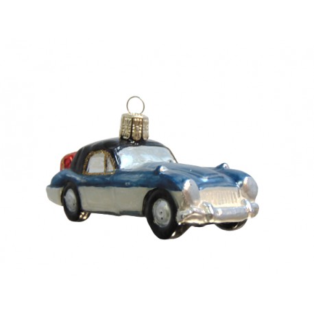 Weihnachten Retro Ornament Auto blau-silber mit Geschenken www.sklenenevyrobky.cz