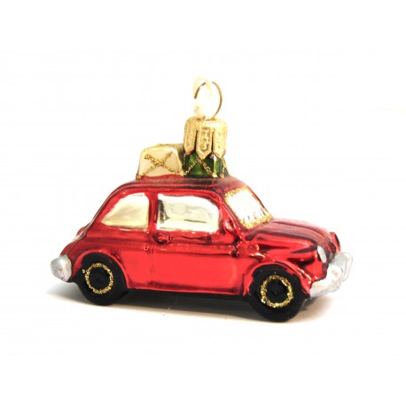 Vánoční ozdoba, auto malé s dárkem 70x40x30mm www.sklenenevyrobky.cz