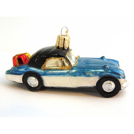 Weihnachten Retro Ornament Auto blau-silber mit Geschenken www.sklenenevyrobky.cz