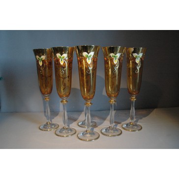 Glasses of champagne, 6 pcs, gilded and enamel, in amber color  www.sklenenevyrobky.cz