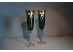 Champagne glasses, 2 pcs, gilded and decorated, green www.sklenenevyrobky.cz