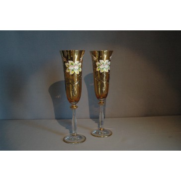 Champagne glasses, 2 pcs, gilded and decorated, amber yellow  www.sklenenevyrobky.cz