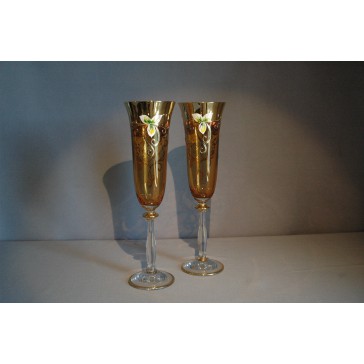 Champagne glasses, 2 pcs, gilded and decorated, amber yellow  www.sklenenevyrobky.cz
