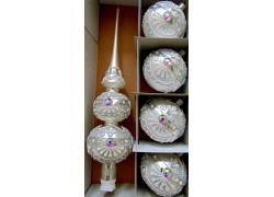 Christmas tree topper and 4 Christmas balls with white silver decor www.sklenenevyrobky.cz