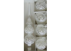 Christmas tree topper and 4 Christmas balls with white lace pattern  www.sklenenevyrobky.cz