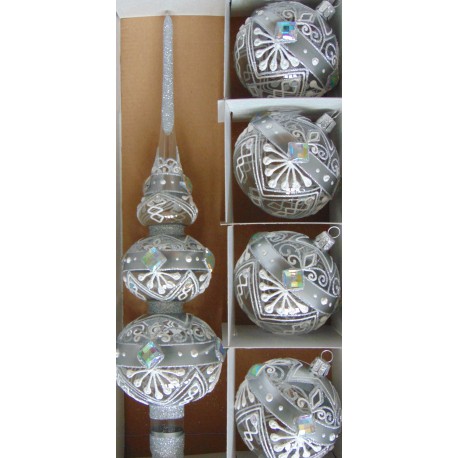 Christmas tree topper and 4 Christmas balls in silver decor  www.sklenenevyrobky.cz