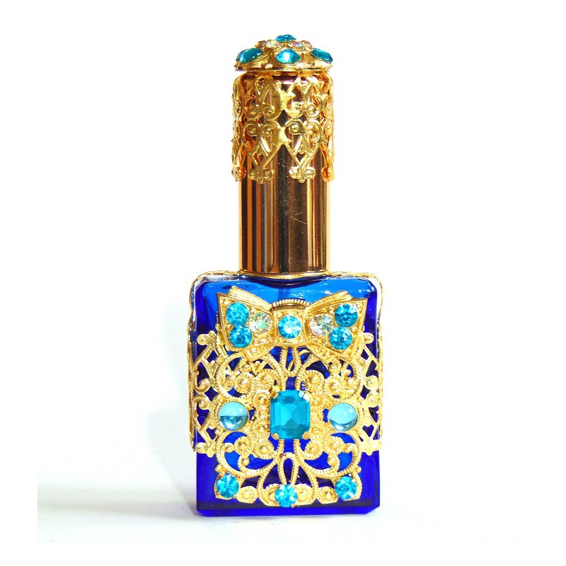 Flasche für Parfüm, verzierte Kappe, blau www.glas-produkte.com