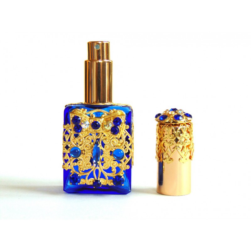 Bottle for perfume decorated cap blue www.bohemia-glass-products.com