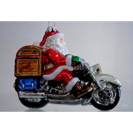 Vianočná ozdoba Santa Claus na motorke s darčekmi www.sklenenevyrobky.cz