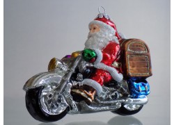 Christbaumschmuck Santa Claus auf einem Motorrad mit Geschenken www.sklenenevyrobky.cz