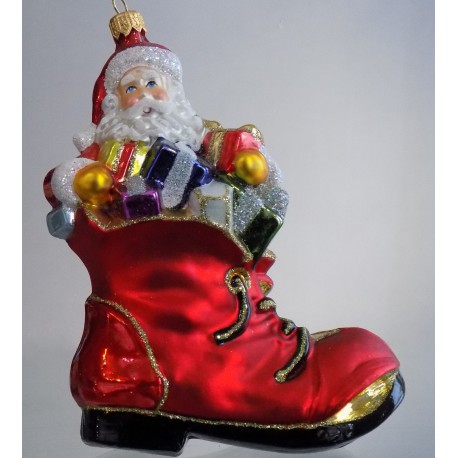Vianočná ozdoba Santa Claus s darčekmi v topánke www.sklenenevyrobky.cz