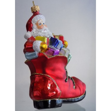 Vánoční ozdoba Santa Claus s dárky v botě www.sklenenevyrobky.cz