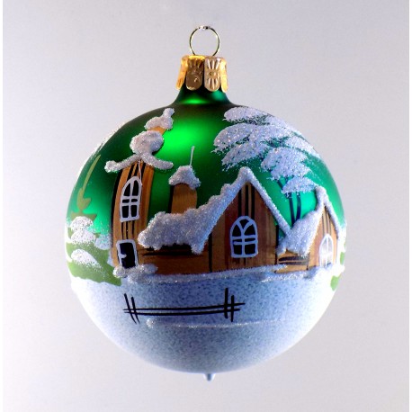 Weihnachtsbälle 8 cm, mit Winterthema, grün www.sklenenevyrobky.cz