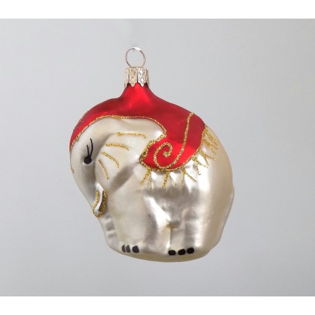 Christmas ornament elephant, color champagne with red blanket www.sklenenevyrobky.cz