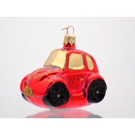 Vánoční ozdoba auto vw beetle v červeném dekoru www.sklenenevyrobky.cz