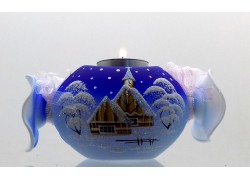 Vianočný svietnik v tvare cukríka modrej farby www.sklenenevyrobky.cz