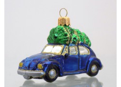 Vianočná ozdoba, auto modré sa stromčekom VW Chrobák www.sklenenevyrobky.cz
