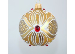 Weihnachtskugel 8 cm, goldene Dekor mit rotem Stein  www.sklenenevyrobky.cz