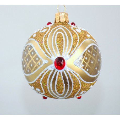 Vánoční koule 8cm, zlatý dekor s červeným kamenem www.sklenenevyrobky.cz