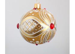 Christmas ball 8cm, golden decor with red stone www.sklenenevyrobky.cz