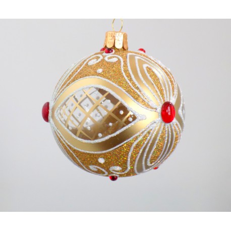 Vianočné gule 8cm, zlatý dekor s červeným kameňom www.sklenenevyrobky.cz