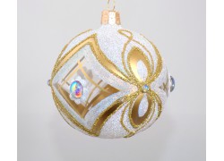 Christmas ball 8cm, white gold decor with clear glass stone www.sklenenevyrobky.cz