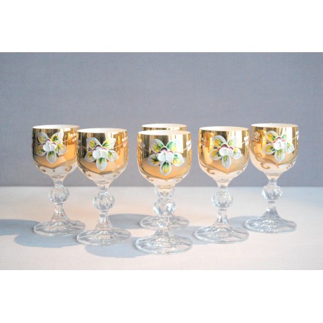 Aperitif glasses, 6 pcs, gilded and decorated, in white www.sklenenevyrobky.cz