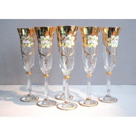 Glasses of champagne, 6 pcs, gilded and enamelled, clear glasses  www.sklenenevyrobky.cz