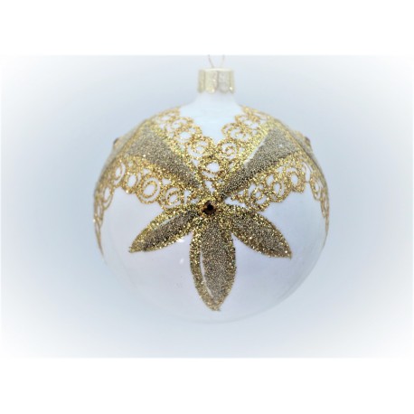 Vánoční koule 8cm, bílá se zlatým dekorem www.sklenenevyrobky.cz