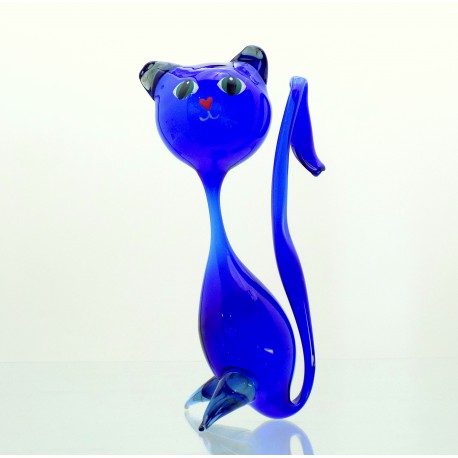 Blaue Katze aus geblasenem Glas  www.sklenenevyrobky.cz