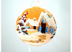 Vánoční koule 12cm, dekor retro Vánoce, oranžovo/žluta www.sklenenevyrobky.cz