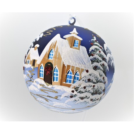 Vánoční koule, 20cm, modrá, s vánočním dekorem  www.sklenenevyrobky.cz