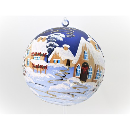 Vánoční koule 12cm, dekor retro Vánoce, modré www.sklenenevyrobky.cz