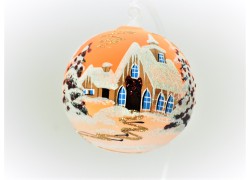 Vánoční koule 10cm, dekor retro Vánoce, oranžovo/žluta www.sklenenevyrobky.cz