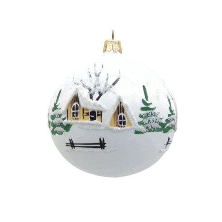 Christmas ornament, balls 80mm, small church and wooden house, white www.sklenenevyrobky.cz