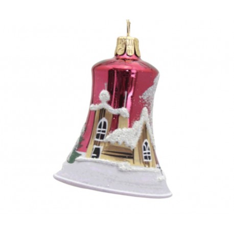 Christmas ornament bell, with church, burgundy  www.sklenenevyrobky.cz