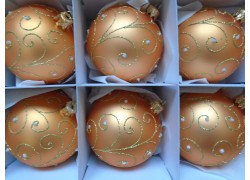 Weihnachtssatz - 6cm Bälle, 6 stücke Lachsgold, im Dekor der Pfau-Stifte www.sklenenevyrobky.cz