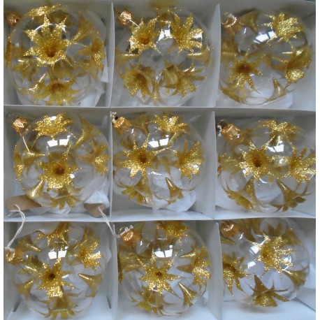 Christmas balls 8cm, set of 9pcs, golden lilies www.sklenenevyrobky.cz