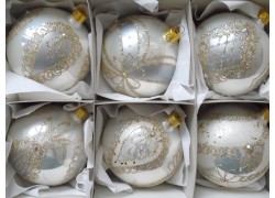 Vánoční koule - sada 6ks vánočně dekorovaných koulí 8cm, bílo-stříbrných www.sklenenevyrobky.cz