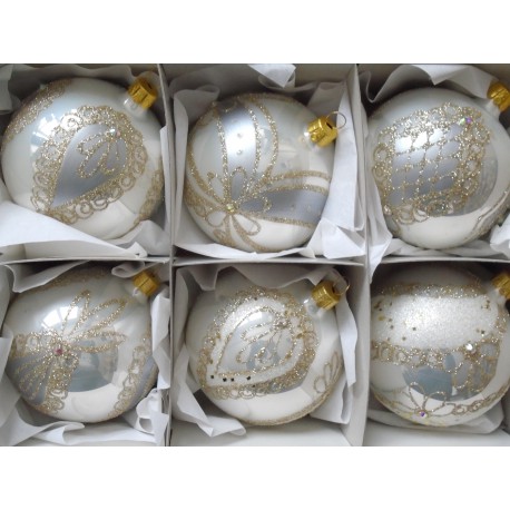 Vánoční koule - sada 6ks vánočně dekorovaných koulí 8cm, bílo-stříbrných www.sklenenevyrobky.cz