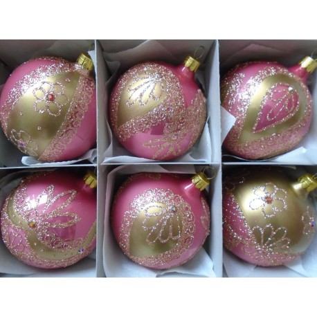 Christmas balls - set of 6 Christmas decorated balls 8cm, pink www.sklenenevyrobky.cz