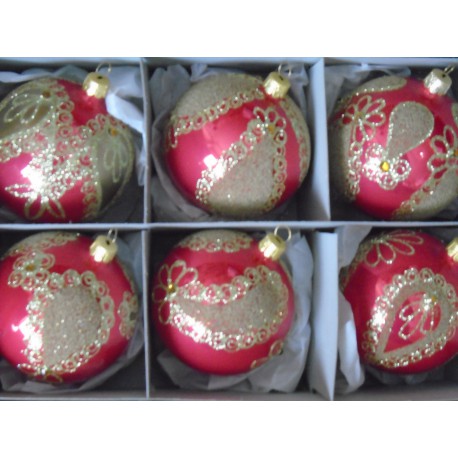 Vánoční koule - set 6ks vánočně dekorovaných koulí 8cm, červeno- zlaté www.sklenenevyrobky.cz