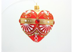 Vianočná ozdoba v tvare srdca - na vianočný stromček, červeno-zlatý dekor  www.sklenenevyrobky.cz